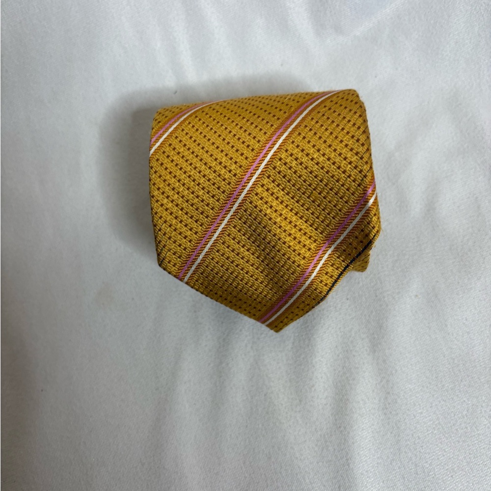 ERMENEGILDO ZEGNA Tie Gold & Pink Made in Italy Striped 100% Silk